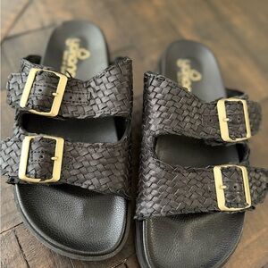 Woven Double-Buckle Black Slide Sandals with Gold Buckles